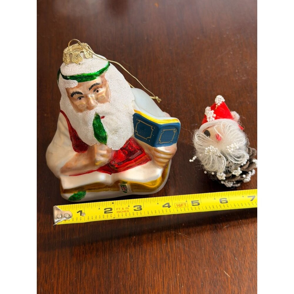 Santa Christmas Ornament Set Glass & Pinecone Handcrafted 4.5" & 3" Festive Deco